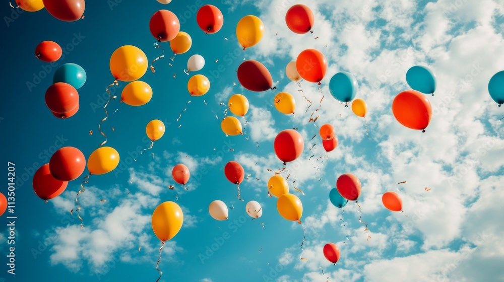 Colorful balloons floating high in a bright blue sky Colorful balloons floating high in a bright blue sky
