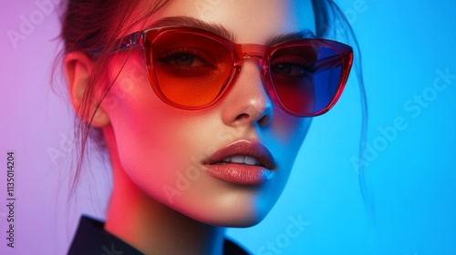 Close-up of a woman in red sunglasses under glowing orange light