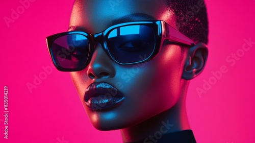 Close-up of a woman in black futuristic sunglasses under neon pink lighting