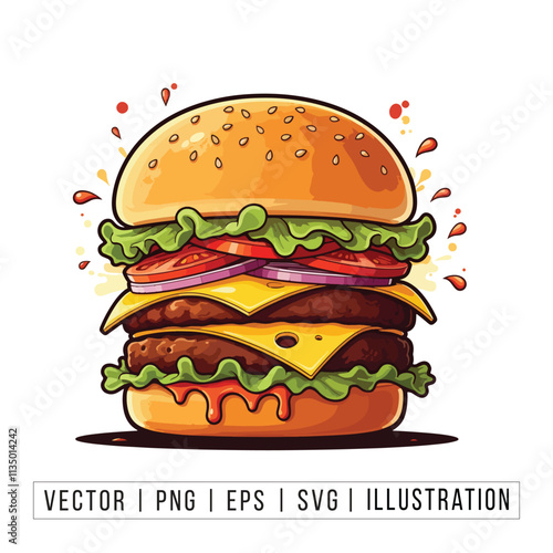 Juicy Cheeseburger with Toppings - Delicious Burger Illustration