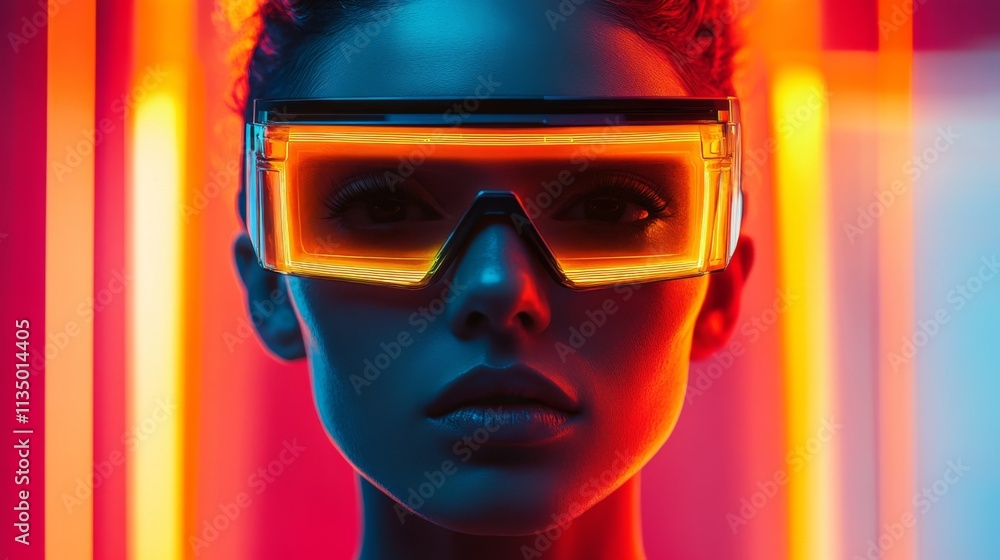 Close-up of a woman wearing futuristic red-orange glasses with neon glow Close-up of a woman wearing futuristic red-orange glasses with neon glow