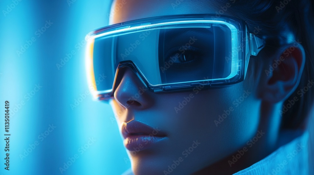 Stylish woman wearing oversized futuristic glasses with reflective surfaces Stylish woman wearing oversized futuristic glasses with reflective surfaces