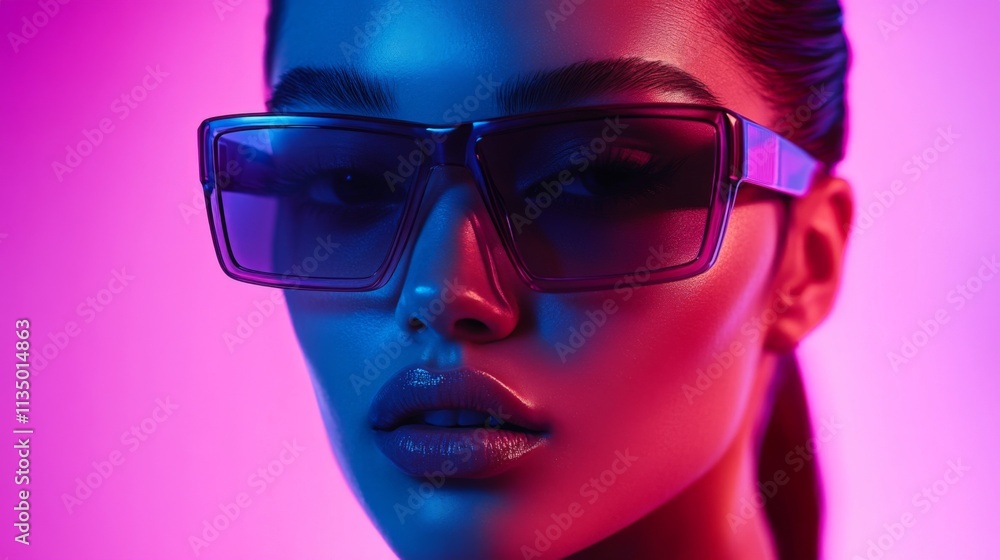 Fashionable woman in bold pink sunglasses with glowing neon lighting Fashionable woman in bold pink sunglasses with glowing neon lighting