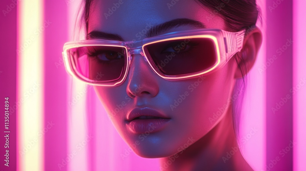 Fashionable woman in vibrant pink sunglasses with glowing neon lighting Fashionable woman in vibrant pink sunglasses with glowing neon lighting