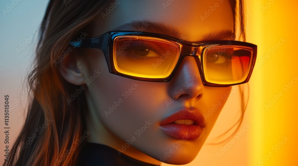 Stylish woman wearing oversized glasses with vibrant orange lighting Stylish woman wearing oversized glasses with vibrant orange lighting