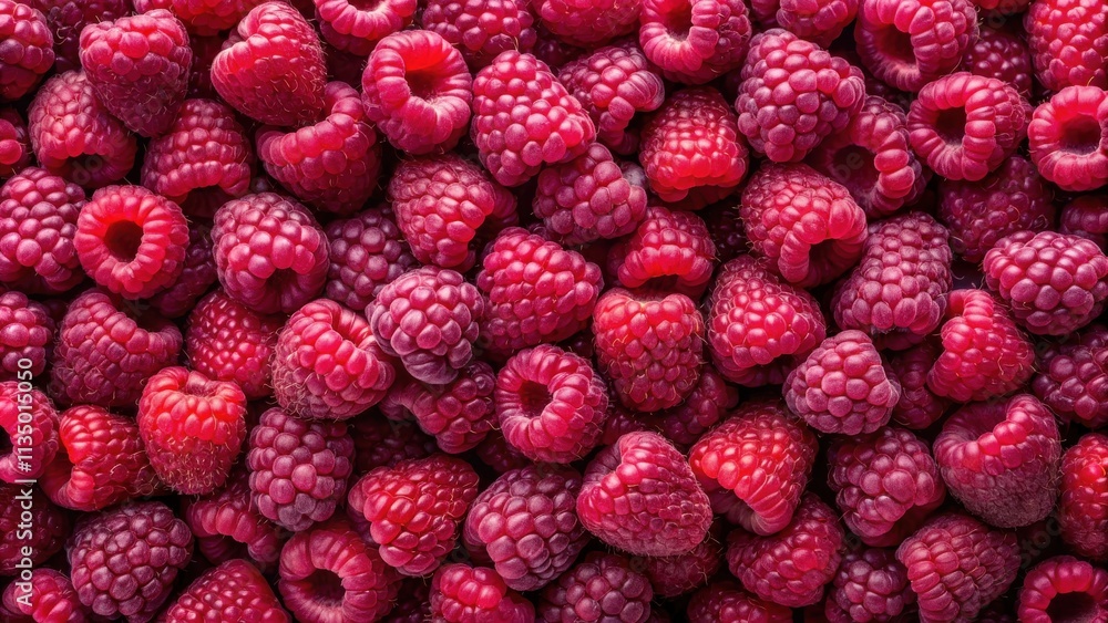 A Close-Up View of a Group of Ripe Red Raspberries, Their Shiny Surfaces Reflecting the Light, Creating a Vivid and Textural Background A Close-Up View of a Group of Ripe Red Raspberries, Their Shiny Surfaces Reflecting the Light, Creating a Vivid and Textural Background