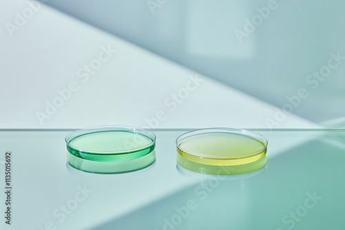 Two petri dishes, one green and one yellow, placed on a reflective surface, showcasing a minimalist lab environment.