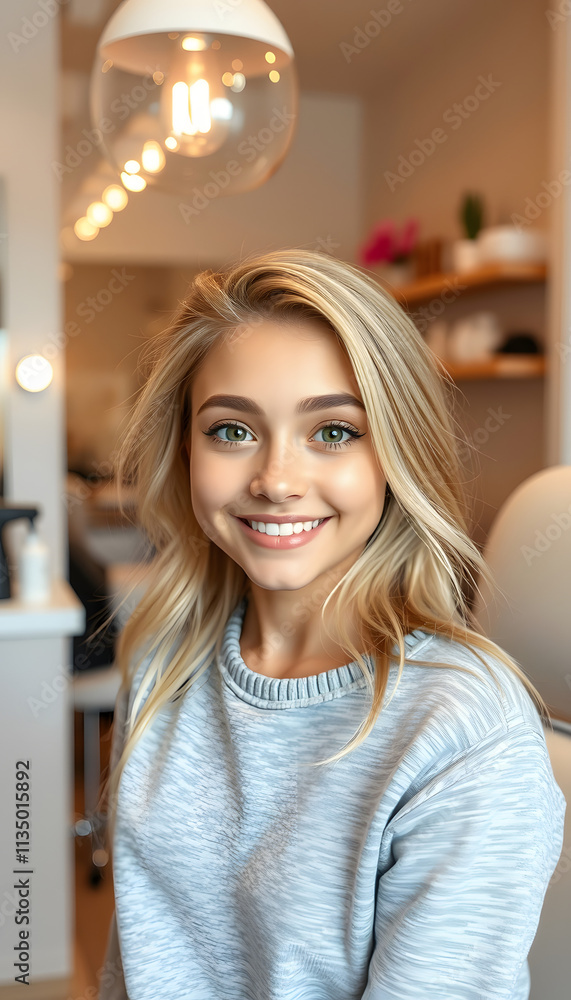 Optimistic cute cheery blonde girl indoors in beauty salon, isometry, with white tones Optimistic cute cheery blonde girl indoors in beauty salon, isometry, with white tones