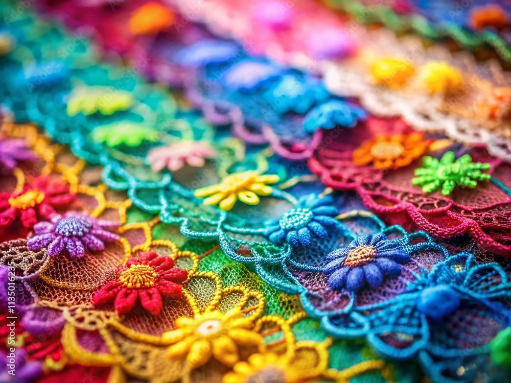 Obraz premium Intricate Small Colorful Lacework in Tilt-Shift Photography Capturing the Delicate Beauty of Fine Textiles and Their Vibrant Patterns for Stock Image Use