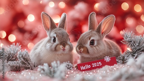 Two adorable bunnies nestled in snow with a 