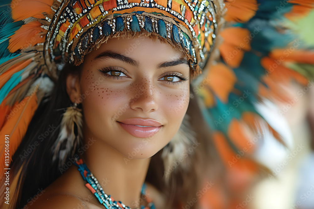 Fototapeta premium A lively Rio Carnival scene showcasing dancers in vibrant feathered costumes, samba performers, and festive floats under bright city lights, celebrating Brazilian joy and culture.