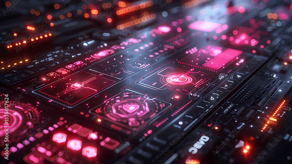 Cyberpunk Control Panel: Close-up view of a futuristic, intricately designed control panel, glowing with vibrant red and pink neon lights. Cyberpunk Control Panel: Close-up view of a futuristic, intricately designed control panel, glowing with vibrant red and pink neon lights.