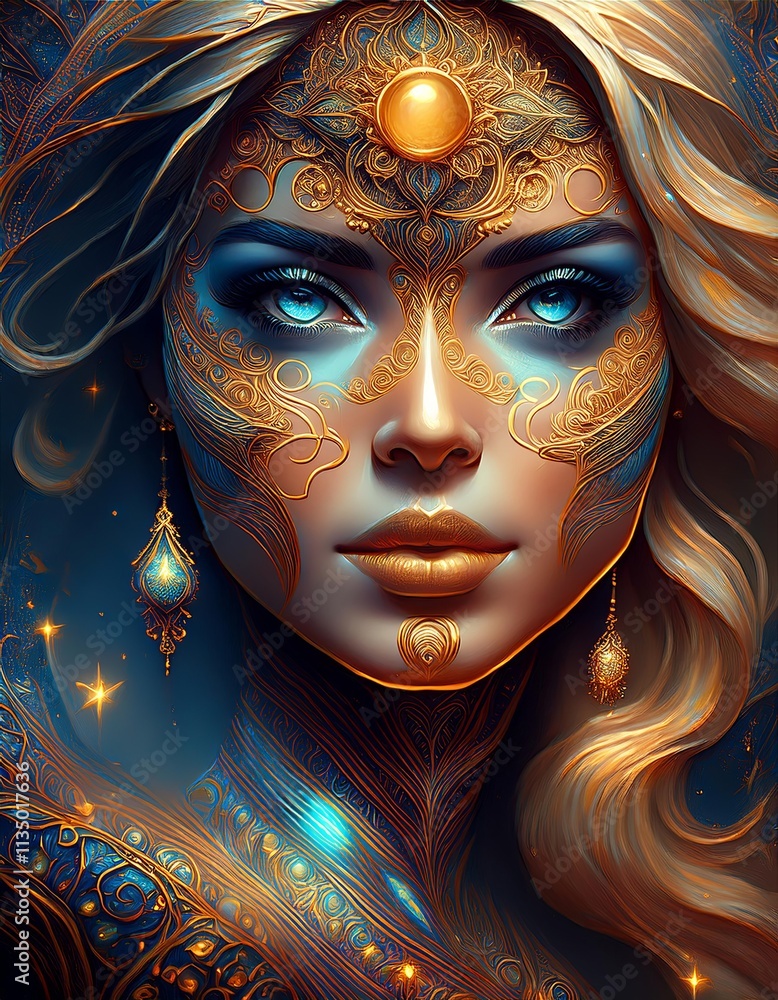 Mystical Fantasy Portrait of a Woman with Glowing Blue Eyes and Ornate Facial Designs Mystical Fantasy Portrait of a Woman with Glowing Blue Eyes and Ornate Facial Designs