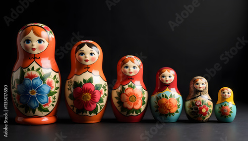 Colorful traditional nesting dolls on black background photo