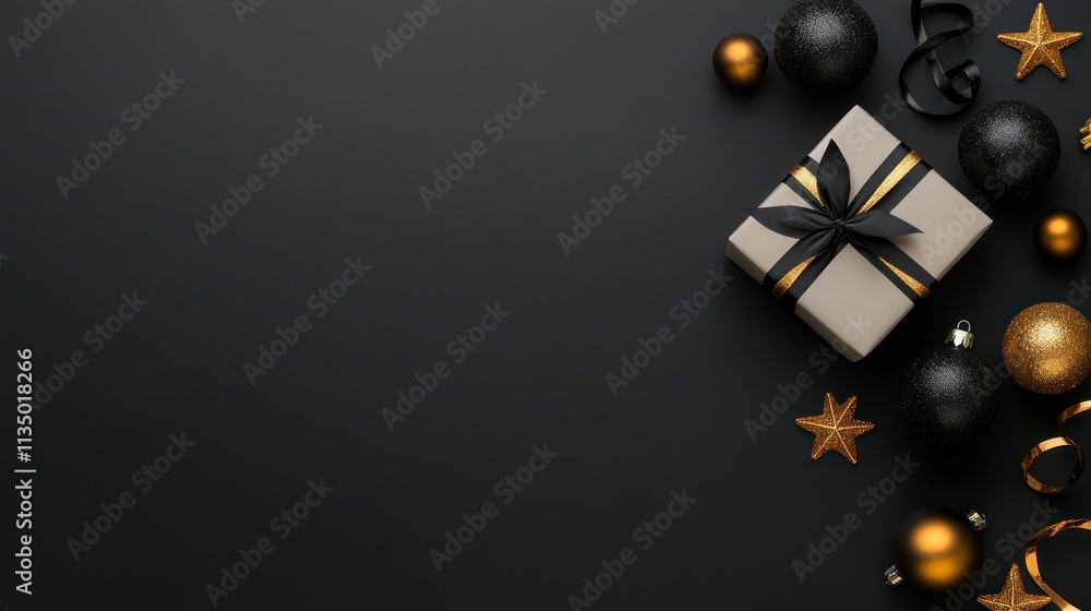 Festive Top View of Gold and Black Christmas Decorations, Snowflakes, Gift Boxes with Ribbon Bows, Serpentine Sequins on Isolated Black Background Festive Top View of Gold and Black Christmas Decorations, Snowflakes, Gift Boxes with Ribbon Bows, Serpentine Sequins on Isolated Black Background