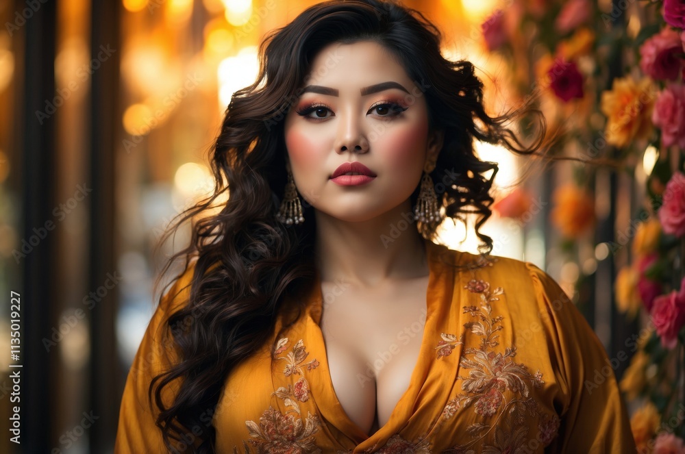 Close up fashion portrait photo of a confident plus size curvy asian woman.
Close up fashion portrait photo of a confident plus size curvy asian woman.