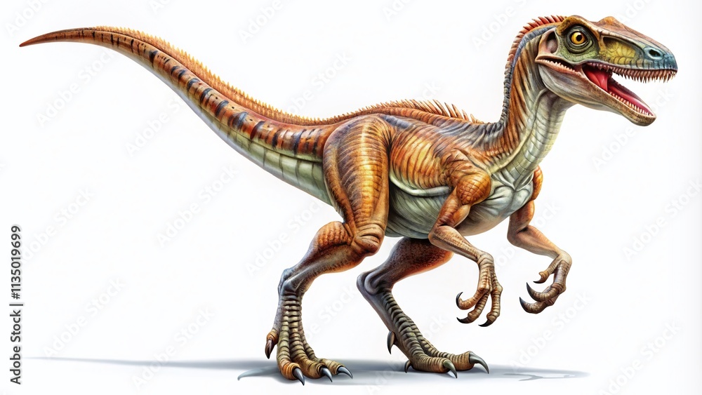 Fototapeta premium Isolated Velociraptor Anatomical Illustration on White Background - A Detailed Comparison to Tyrannosaurus Rex for Educational and Creative Uses in Fashion Photography