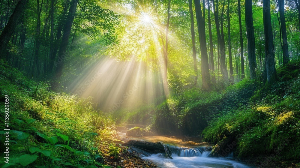 Obraz premium a dense forest covered in morning mist, with sunlight streaming through the trees and a small creek winding through. 