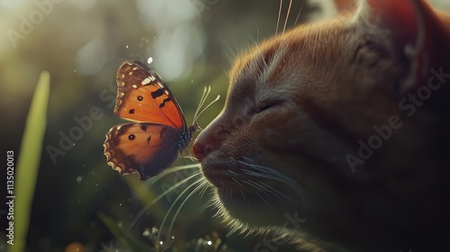 A delicate butterfly resting on a cat wet nose, showcasing a serene and intimate connection in nature. photo