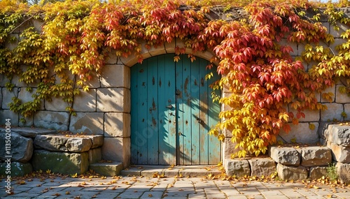 A vibrant autumn scene with a weathered wooden door surrounded by colorful ivy.
