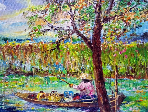 hand drawn art painting oil color floating market dumnoen saduak from thailand	