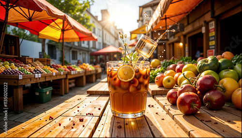 A refreshing iced tea with lemon and mint sits on a wooden table at a bustling market.