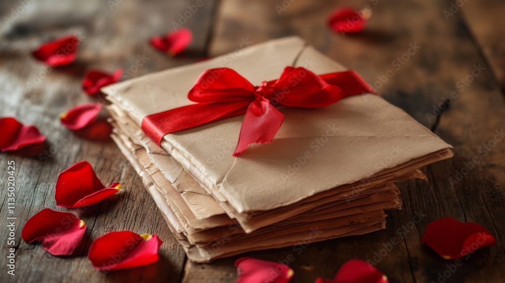 Stacked Letters Tied With Red Ribbon And Rose Petals Stacked Letters Tied With Red Ribbon And Rose Petals