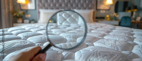 An individual of lady A hand using a magnifying glass examines the mattress against the setting of a bedroom lovely qualityful fabric and space, Generative AI. photo