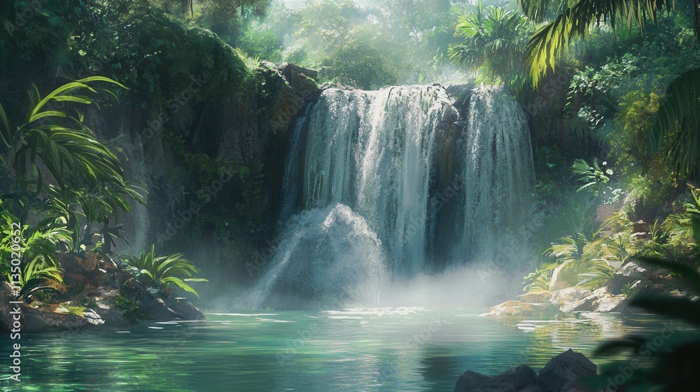 a powerful waterfall cascading into a crystal-clear pool, surrounded by lush tropical vegetation. a powerful waterfall cascading into a crystal-clear pool, surrounded by lush tropical vegetation.