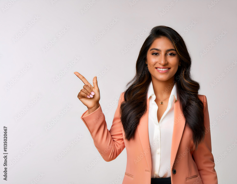 Young Indian Businesswoman in Peach Suit Pointing Confidently Young Indian Businesswoman in Peach Suit Pointing Confidently
