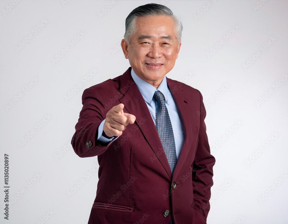 Senior Asian Businessman in Burgundy Suit Pointing Boldly Senior Asian Businessman in Burgundy Suit Pointing Boldly