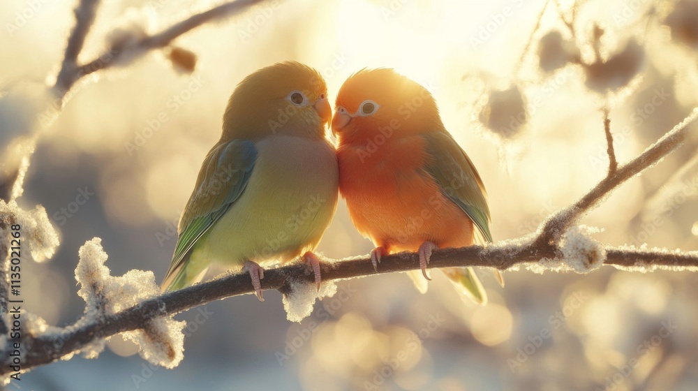 Two lovebirds perched on a snowy winter branch Two lovebirds perched on a snowy winter branch