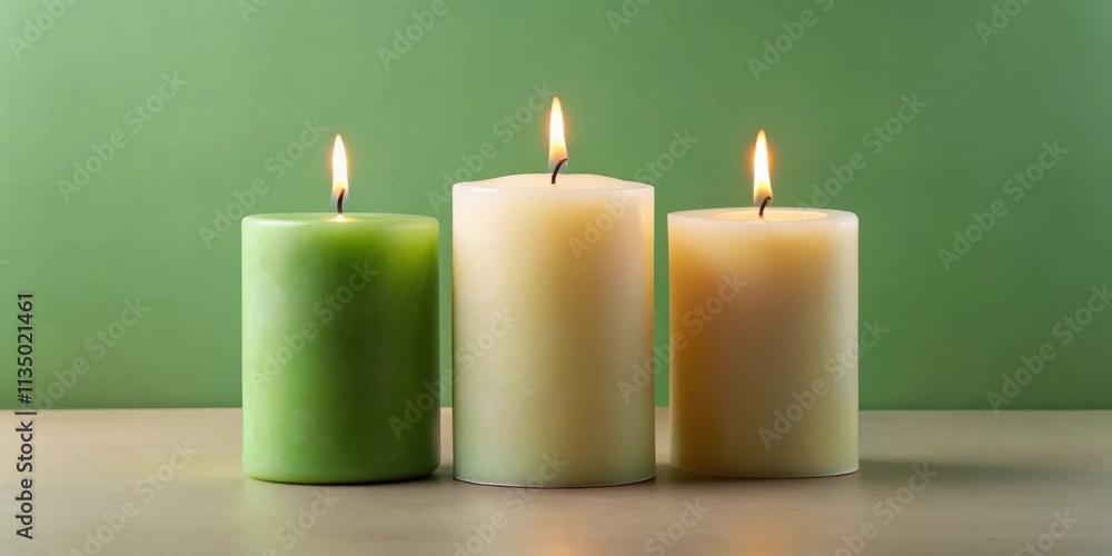 Three burning candles with a green and two beige colored waxes stand on a wooden surface in front of a green background. Three burning candles with a green and two beige colored waxes stand on a wooden surface in front of a green background.