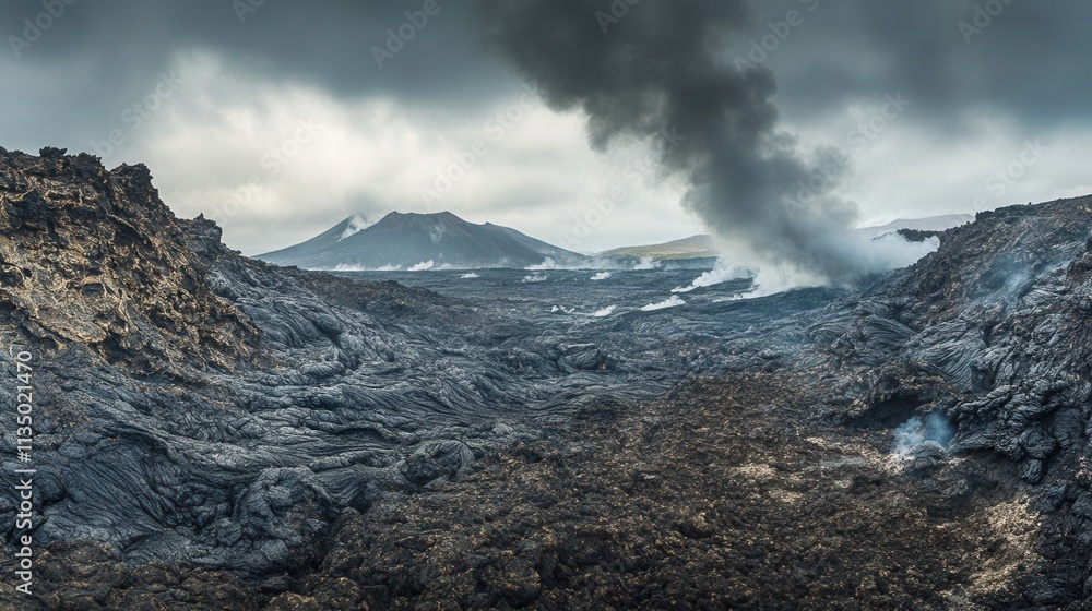 a volcanic landscape with dark, rugged lava fields, steaming vents, and a distant volcano emitting smoke. a volcanic landscape with dark, rugged lava fields, steaming vents, and a distant volcano emitting smoke.