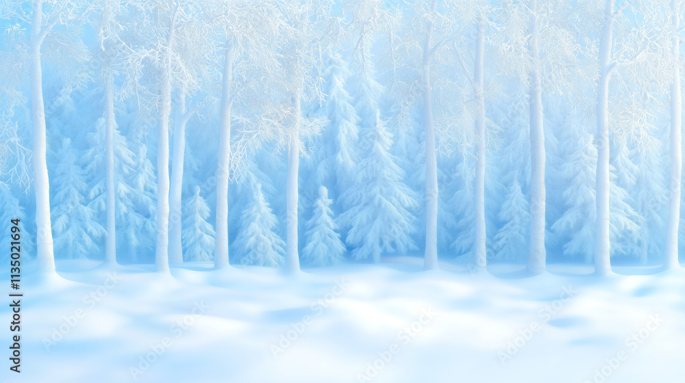 Fototapeta premium Snowy forest landscape with tall trees in winter
