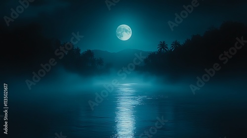 Full Moon Over Silhouetted Palm Trees and a Misty Lagoon