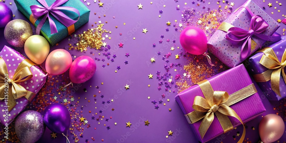 A festive celebration with purple and gold gift boxes, balloons, and confetti on a purple background. A festive celebration with purple and gold gift boxes, balloons, and confetti on a purple background.