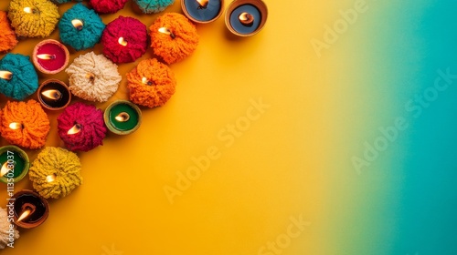 A cultural and festive scene for Diwali with diyas, rangoli patterns, and festive decorations against a bright and celebratory background photo