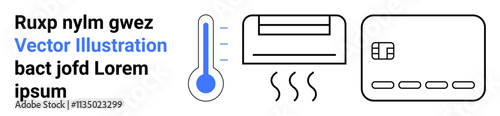 Text in various font sizes and colors, vertical thermometer, air conditioner with heat lines, card reader with button icons. Ideal for technology, home automation, climate control, finance, digital