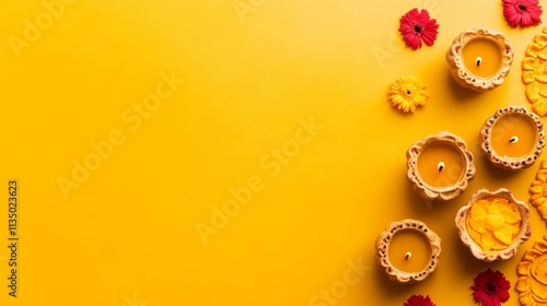 A cultural and festive scene for Diwali with diyas, rangoli patterns, and festive decorations against a bright and celebratory background photo