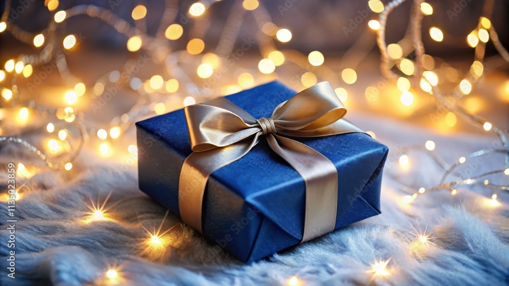 A blue gift box with a golden bow, surrounded by twinkling lights, creating a festive ambiance. A blue gift box with a golden bow, surrounded by twinkling lights, creating a festive ambiance.