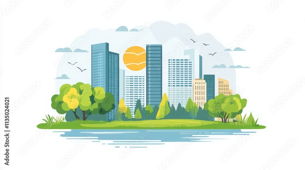 Modern Cityscape with Green Park and Lake Modern Cityscape with Green Park and Lake