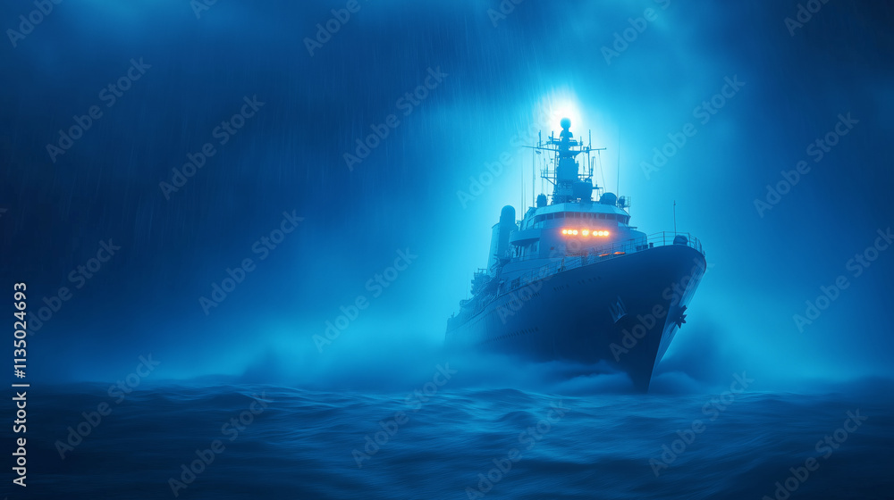 Mysterious vessel navigating through foggy waters at night Mysterious vessel navigating through foggy waters at night