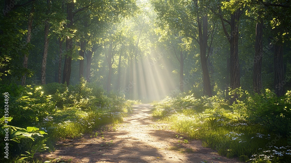 The sun is shining through the trees, casting a warm glow on the forest floor The sun is shining through the trees, casting a warm glow on the forest floor