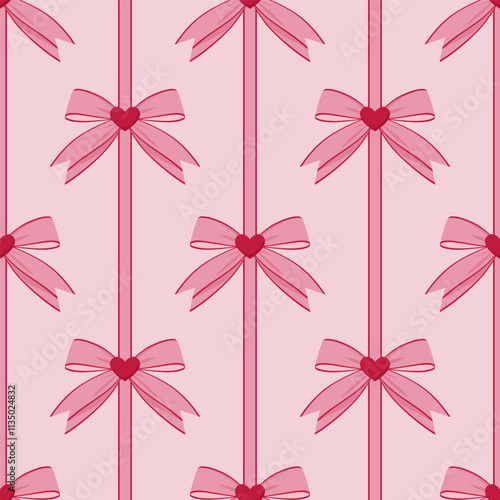 Seamless pattern with pink bows and red hearts on a light pink background. Valentine's day vector pattern.
