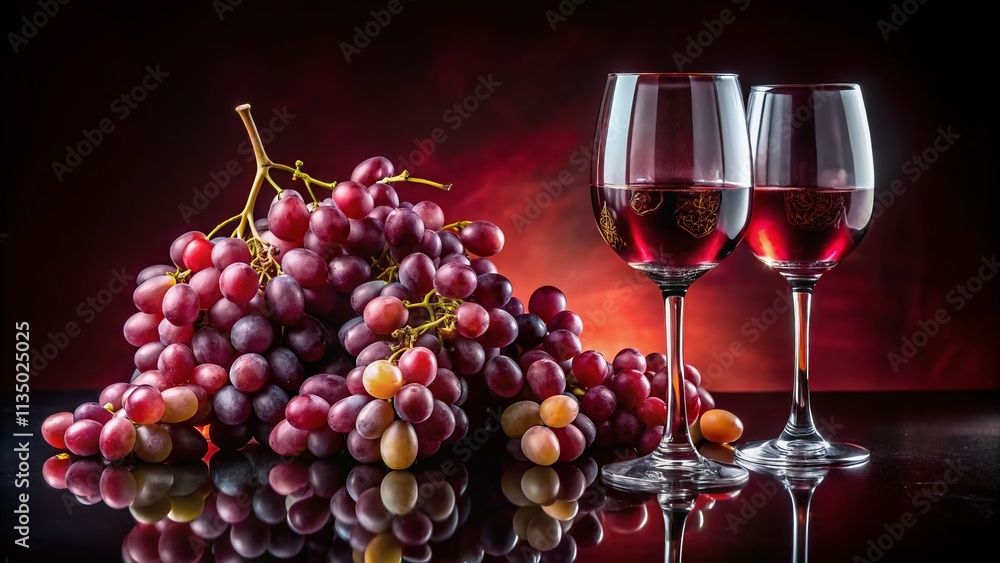 Long Exposure Capture of Lush Grapes and Elegant Wine Glasses Set Against a Rich Red Background, Creating a Luxurious and Inviting Atmosphere for Wine Lovers Long Exposure Capture of Lush Grapes and Elegant Wine Glasses Set Against a Rich Red Background, Creating a Luxurious and Inviting Atmosphere for Wine Lovers