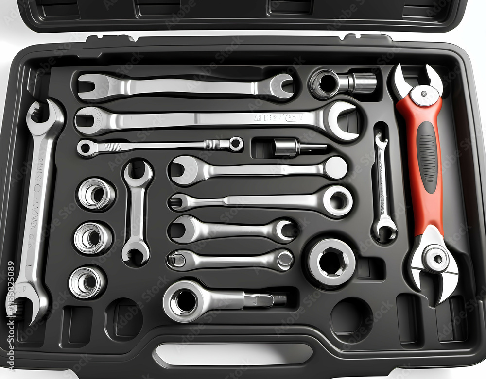 Top view of a car repair tool kit with sockets and wrenches on white Generative AI Top view of a car repair tool kit with sockets and wrenches on white Generative AI