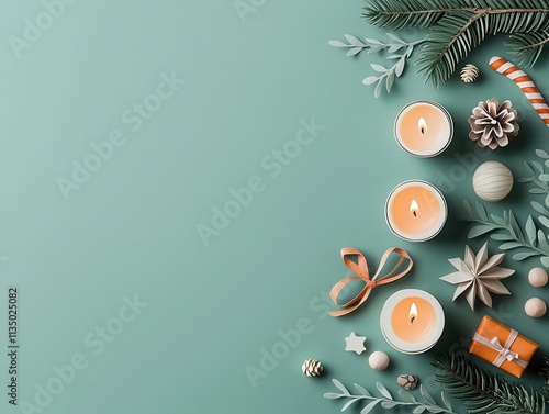 Papercrafted festive table with tiny folded candles and holiday treats, symbolizing New Year cheer, origami Papercut, holiday feast photo