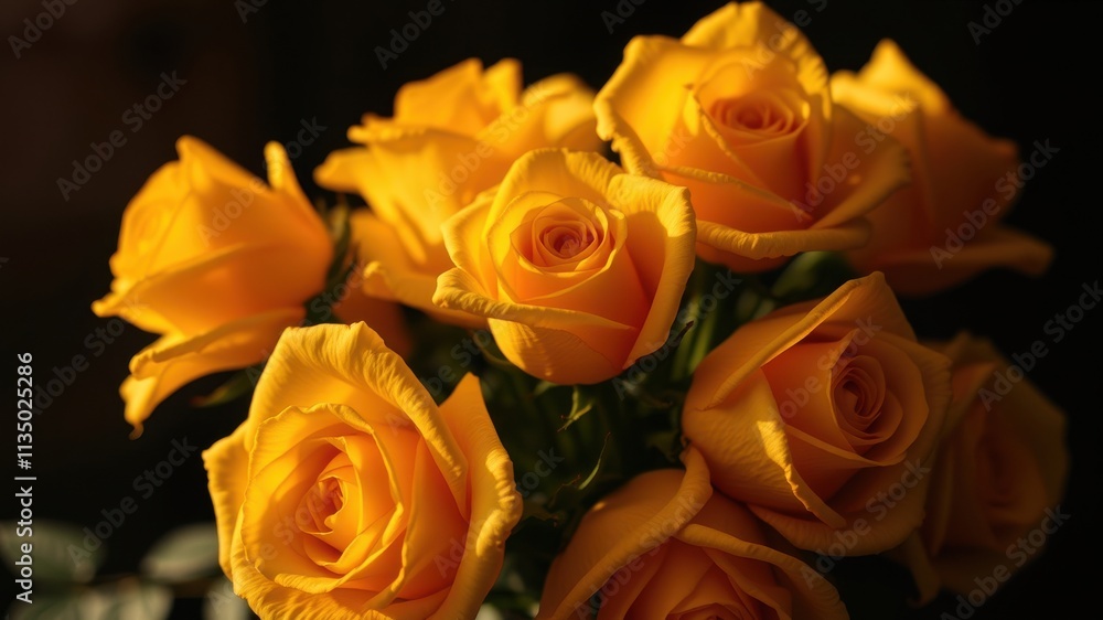 Golden Yellow Roses Bloom in Soft Light, Capturing a Moment of Floral Beauty and Elegance Golden Yellow Roses Bloom in Soft Light, Capturing a Moment of Floral Beauty and Elegance