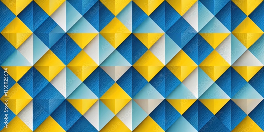 Abstract Geometric Pattern of Yellow, Blue, White, and Gray Triangles with Textured Detailing Abstract Geometric Pattern of Yellow, Blue, White, and Gray Triangles with Textured Detailing